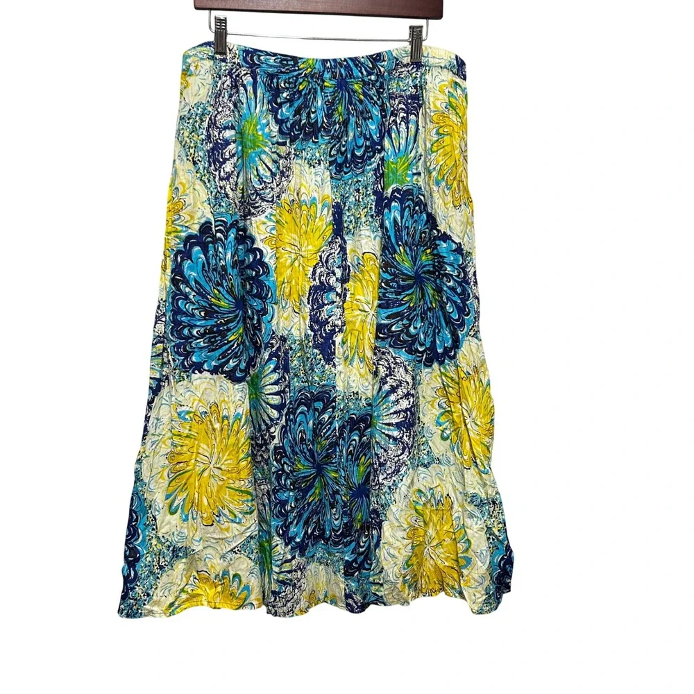 Serengeti Women Boho‎ Cottage Coastal A-Line Midi Skirt L Blue Yellow Floral